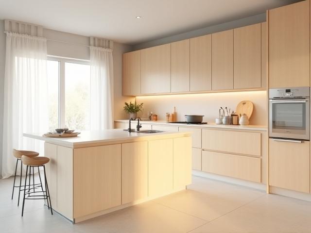 Moderne kjøkken med lyse tresorter, åpen planløsning