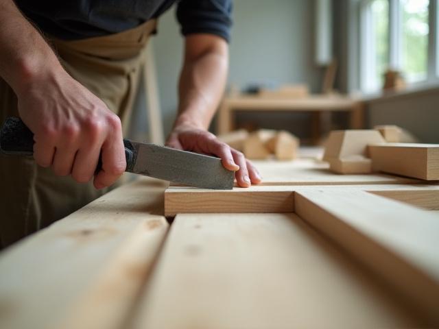 Nærstudie av en snekker som arbeider med treverk i verkstedet, et symbol på håndverk og kvalitet hos Klart Rom.