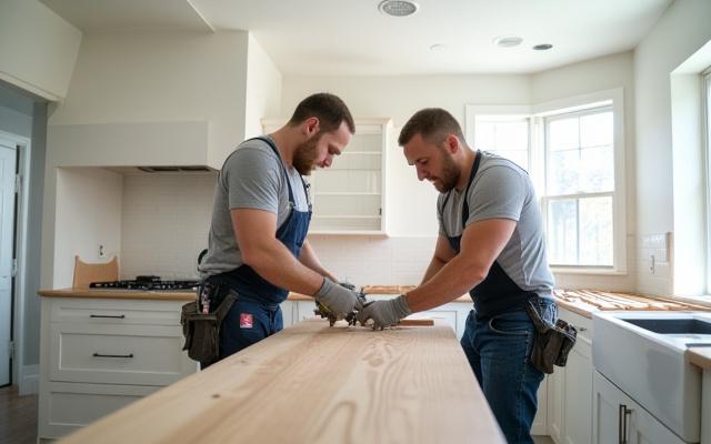 Faglærte håndverkere installerer et kjøkken med presisjon