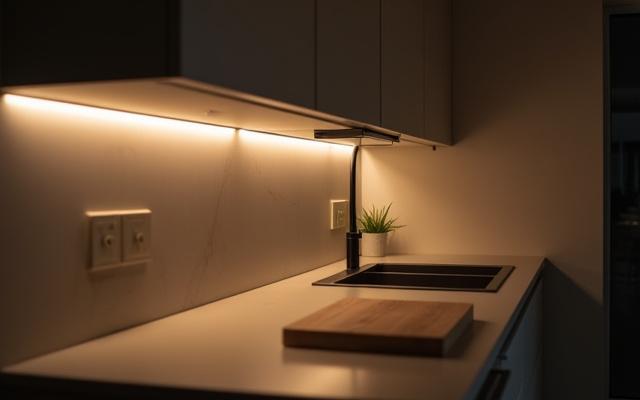 Kjøkken med elegant integrert LED-belysning under overskapene