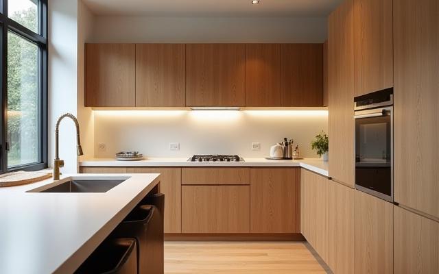 Moderne kjøkken med skreddersydde, minimalistiske skap i tre og hvitt